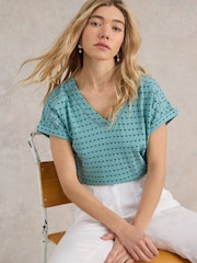 White Stuff Blue Embroidered Stripe T-Shirt - Image 1 of 7