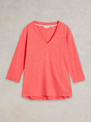 White Stuff Pink Isla 100% Linen V-Neck T-Shirt - Image 5 of 7