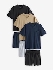 Navy Blue/Tan V-Neck Jersey Pyjamas 100% Cotton Shorts Set 3 Pack - Image 1 of 9