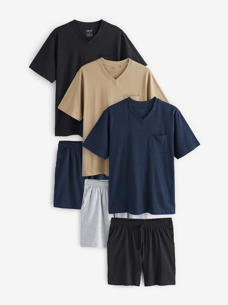 Navy Blue/Tan V-Neck Jersey Pyjamas 100% Cotton Shorts Set 3 Pack - Image 1 of 9