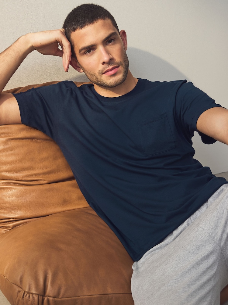 Navy Blue/Grey Marl Cuffed Jersey Pyjamas Set - Image 2 of 10