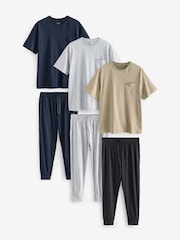 Bleu marine/gris - Cuffed 100% Cotton Pyjamas 3 Pack - Image 1 of 14