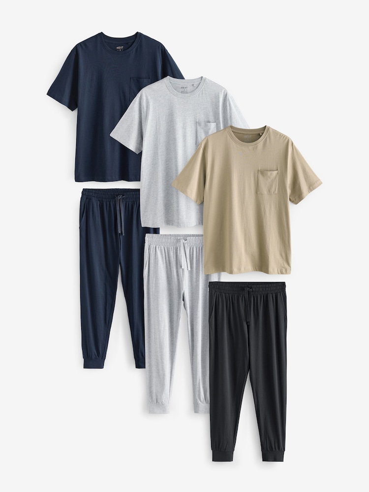 Bleu marine/gris - Cuffed 100% Cotton Pyjamas 3 Pack - Image 1 of 14