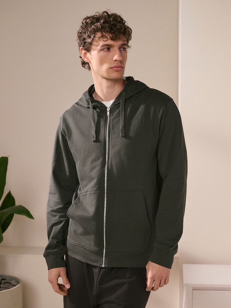 Khaki Green 100% Cotton Lightweight Zip Up Hoodie - Image 1 of 8