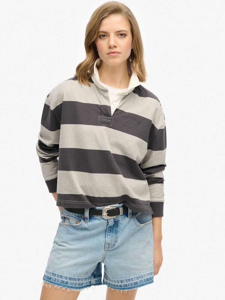 Superdry Grey Ath Essential Stripe 100% Cotton Rugby T-Shirt - Image 1 of 4