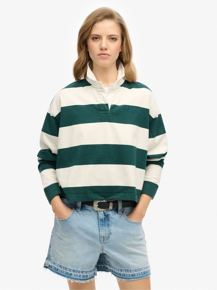 Superdry Green Ath Essential Stripe 100% Cotton Rugby T-Shirt - Image 1 of 5