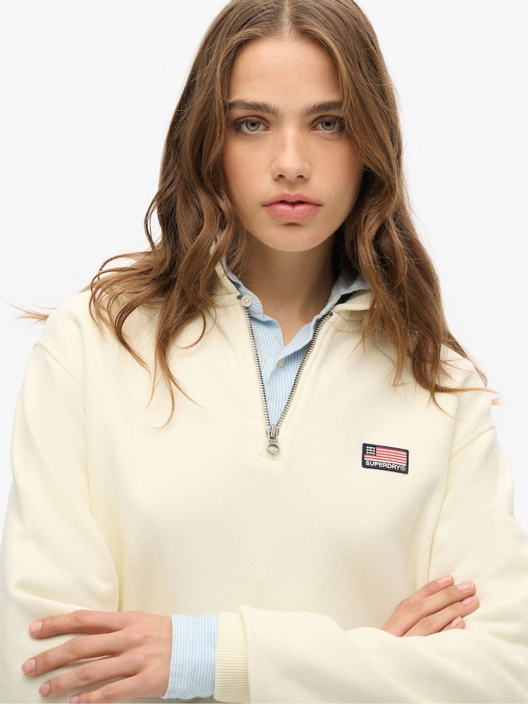 Superdry Off White Athletic Collared Half Zip 100% Cotton Sweatshirt - Image 3 of 3