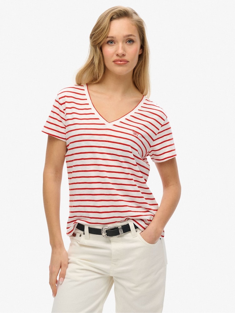 Superdry Red Slub Embroidered Relaxed V-Neck T-Shirt - Image 1 of 5