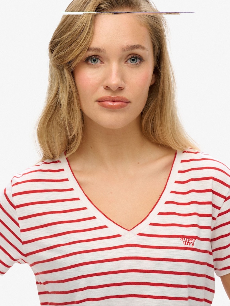 Superdry Red Slub Embroidered Relaxed V-Neck T-Shirt - Image 3 of 5