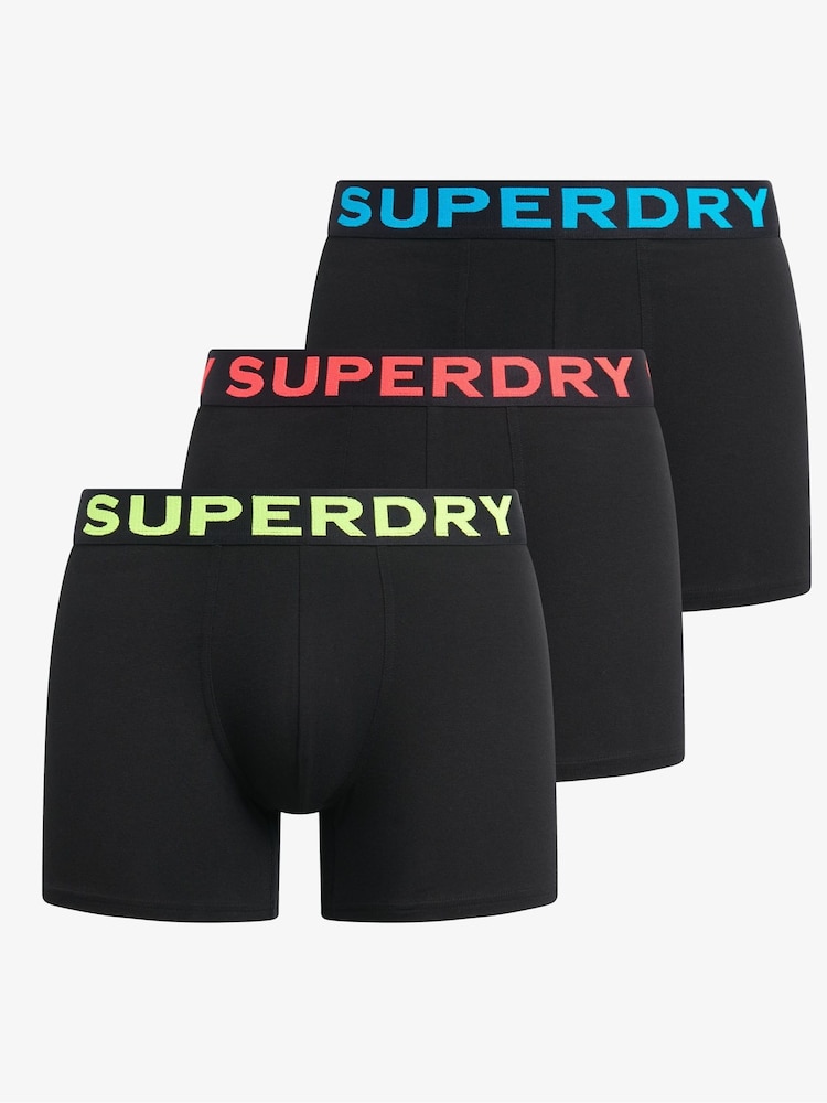 Superdry Black/Neon Logo Triple 100% Cotton Boxers 3 Pack - Image 1 of 6 Superdry Black/Neon Logo Triple 100% Cotton Boxers 3 Pack - Image 1 of 6