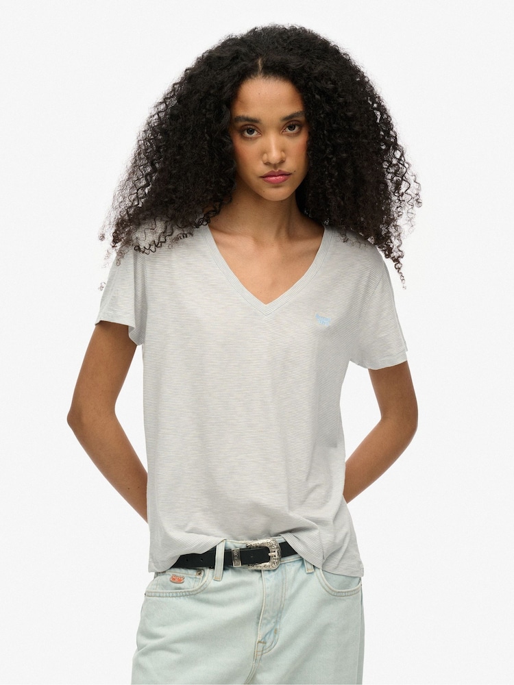 Superdry Blue Slub Embroidered Relaxed V-Neck T-Shirt - Image 1 of 5