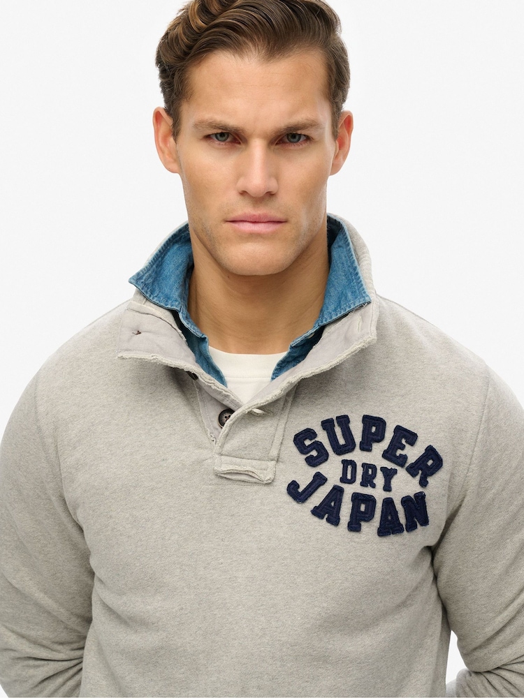 Superdry Vintage Sweat Light Grey Marl Vintage Athletic Relaxed Half Button Henley Sweatshirt - Image 2 of 5