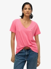 Superdry Pink Slub Embroidered Relaxed V-Neck T-Shirt - Image 1 of 5