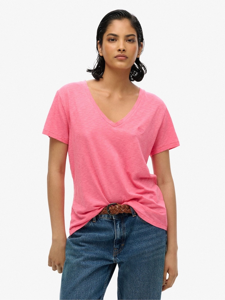 Superdry Pink Slub Embroidered Relaxed V-Neck T-Shirt - Image 1 of 5