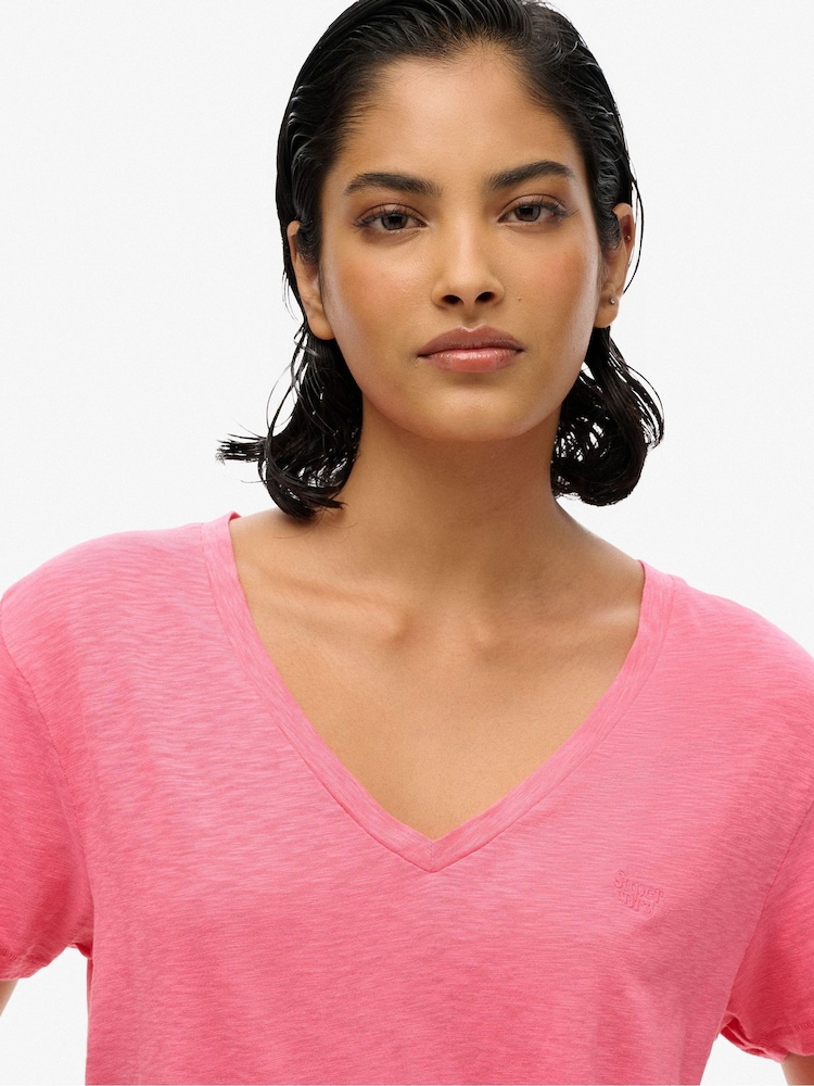 Superdry Pink Slub Embroidered Relaxed V-Neck T-Shirt - Image 3 of 5