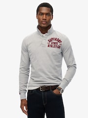 Superdry Grey Vintage Athletic Long Sleeve Slim Fit Polo Shirt - Image 1 of 6