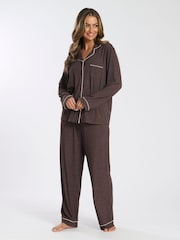 Loungeable Brown Soft Jersey Ribbed Button Through Long Chocolate Pyjamas - Image 1 of 4