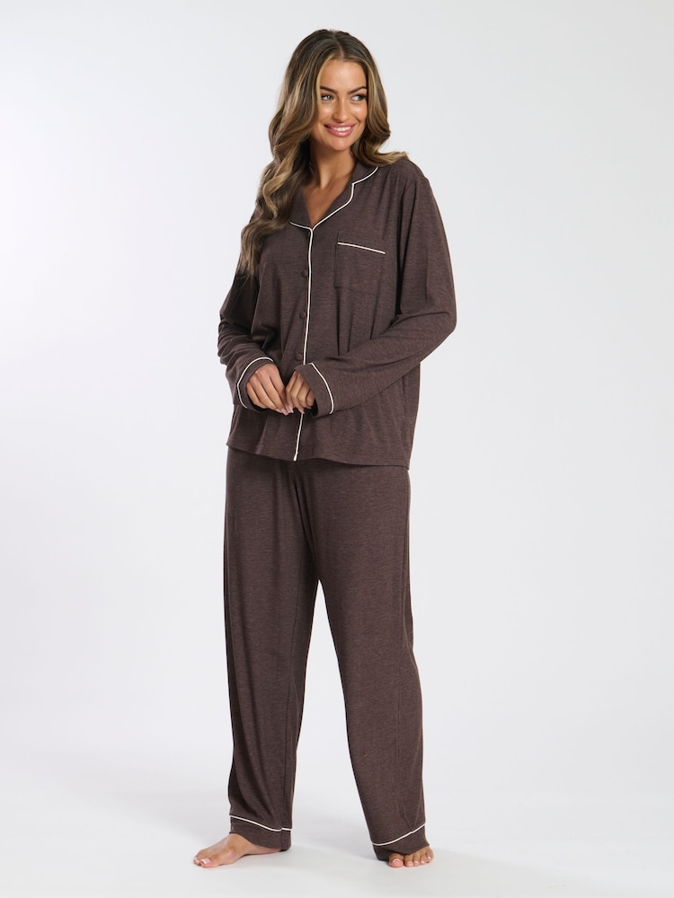 Loungeable Brown Soft Jersey Ribbed Button Through Long Chocolate Pyjamas - Image 1 of 4