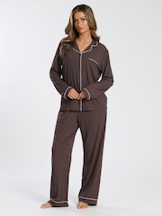 Loungeable Brown Soft Jersey Ribbed Button Through Long Chocolate Pyjamas - Image 3 of 4