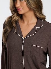 Loungeable Brown Soft Jersey Ribbed Button Through Long Chocolate Pyjamas - Image 4 of 4
