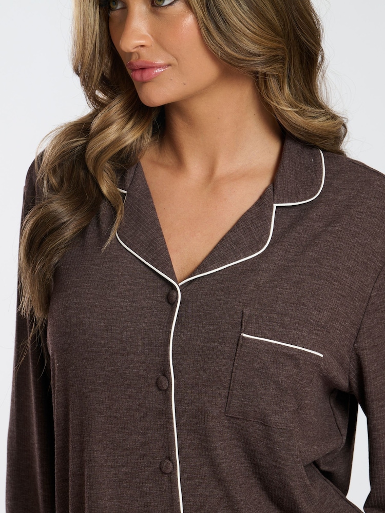 Loungeable Brown Soft Jersey Ribbed Button Through Long Chocolate Pyjamas - Image 4 of 4