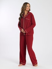 Loungeable Red Soft Jersey Ribbed Button Through Long Chocolate Pyjamas - Image 1 of 4