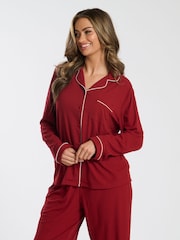 Loungeable Red Soft Jersey Ribbed Button Through Long Chocolate Pyjamas - Image 3 of 4