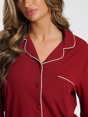 Loungeable Red Soft Jersey Ribbed Button Through Long Chocolate Pyjamas - Image 4 of 4