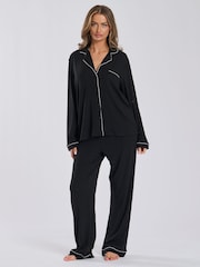 Loungeable Black Soft Jersey Ribbed Button Through Long Chocolate Pyjamas - Image 1 of 4