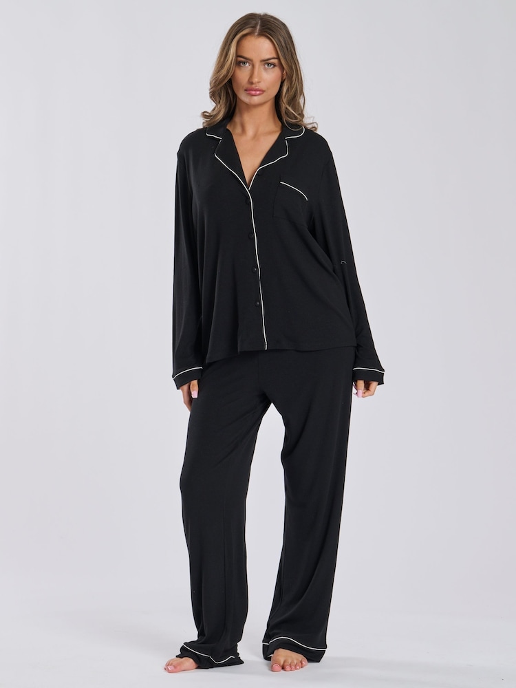 Loungeable Black Soft Jersey Ribbed Button Through Long Chocolate Pyjamas - Image 1 of 4