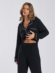 Loungeable Black Soft Jersey Ribbed Button Through Long Chocolate Pyjamas - Image 2 of 4