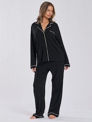 Loungeable Black Soft Jersey Ribbed Button Through Long Chocolate Pyjamas - Image 3 of 4