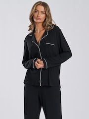 Loungeable Black Soft Jersey Ribbed Button Through Long Chocolate Pyjamas - Image 4 of 4