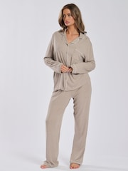 Loungeable Oatmeal Soft Jersey Ribbed Button Through Long Chocolate Pyjamas - Image 1 of 4
