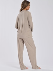 Loungeable Oatmeal Soft Jersey Ribbed Button Through Long Chocolate Pyjamas - Image 2 of 4