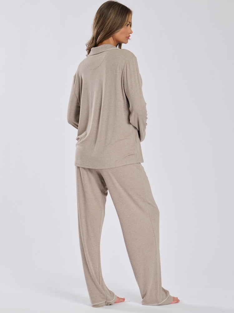 Loungeable Oatmeal Soft Jersey Ribbed Button Through Long Chocolate Pyjamas - Image 2 of 4