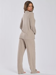 Loungeable Oatmeal Soft Jersey Ribbed Button Through Long Chocolate Pyjamas - Image 3 of 4