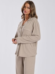 Loungeable Oatmeal Soft Jersey Ribbed Button Through Long Chocolate Pyjamas - Image 4 of 4
