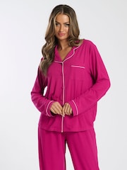 Loungeable Pink Soft Jersey Ribbed Button Through Long Chocolate Pyjamas - Image 4 of 5