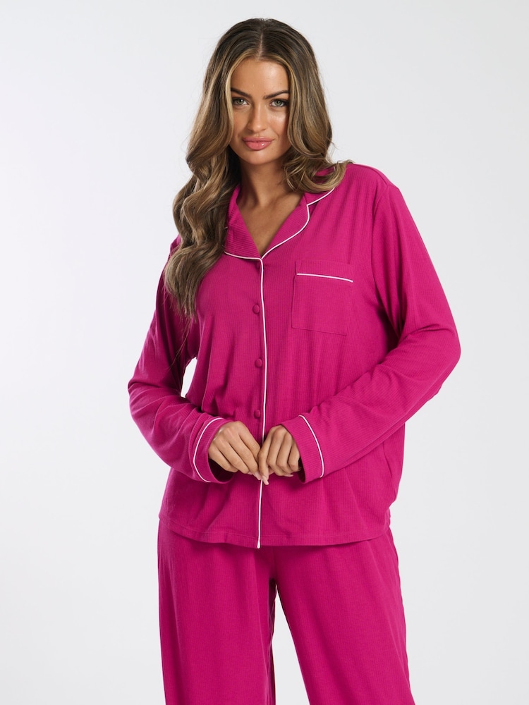 Loungeable Pink Soft Jersey Ribbed Button Through Long Chocolate Pyjamas - Image 4 of 5