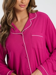 Loungeable Pink Soft Jersey Ribbed Button Through Long Chocolate Pyjamas - Image 5 of 5