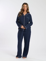 Loungeable Blue Soft Jersey Ribbed Button Through Long Chocolate Pyjamas - Image 1 of 4