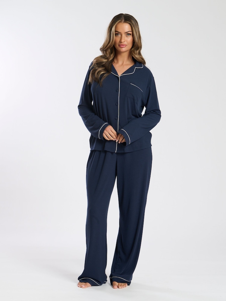 Loungeable Blue Soft Jersey Ribbed Button Through Long Chocolate Pyjamas - Image 1 of 4