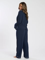 Loungeable Blue Soft Jersey Ribbed Button Through Long Chocolate Pyjamas - Image 2 of 4