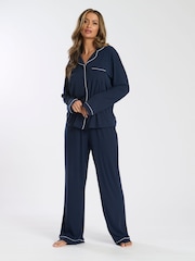 Loungeable Blue Soft Jersey Ribbed Button Through Long Chocolate Pyjamas - Image 3 of 4