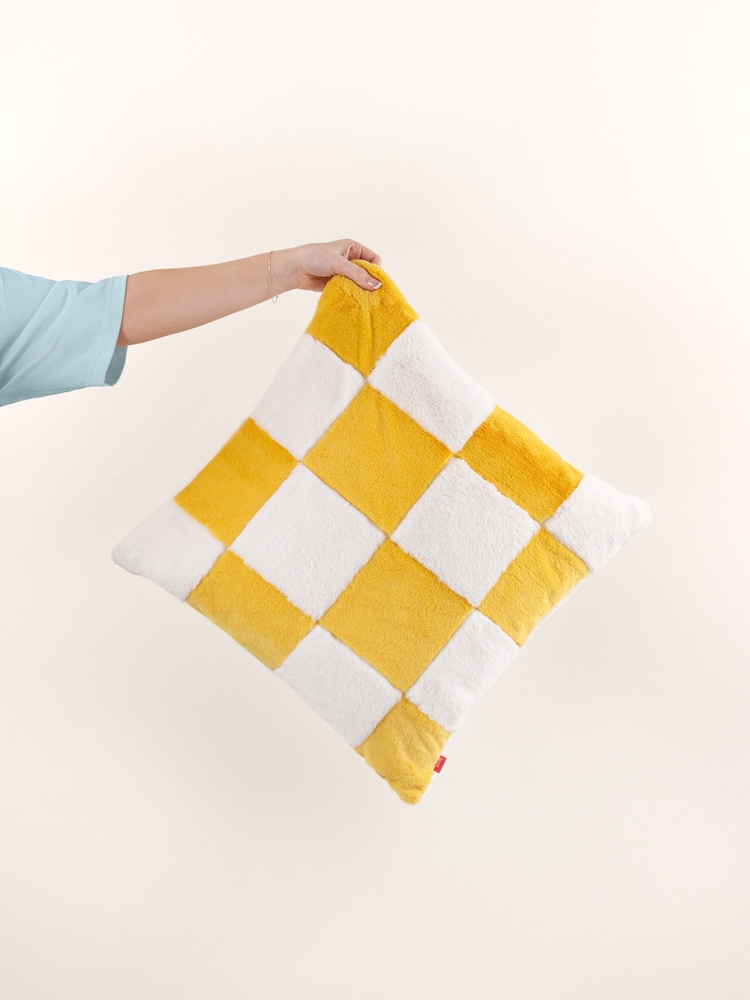 heya home Yellow Cozee Check Faux Fur Cushion - Image 1 of 5