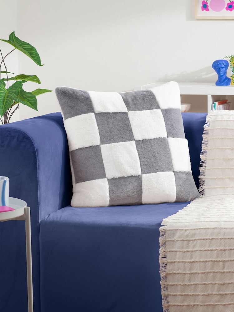 heya home Slate Blue Cozee Check Faux Fur Cushion - Image 1 of 4