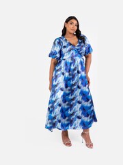 Lovedrobe Blue Satin Faunctional Wrap Puff Sleeve Midaxi Dress - Image 1 of 6