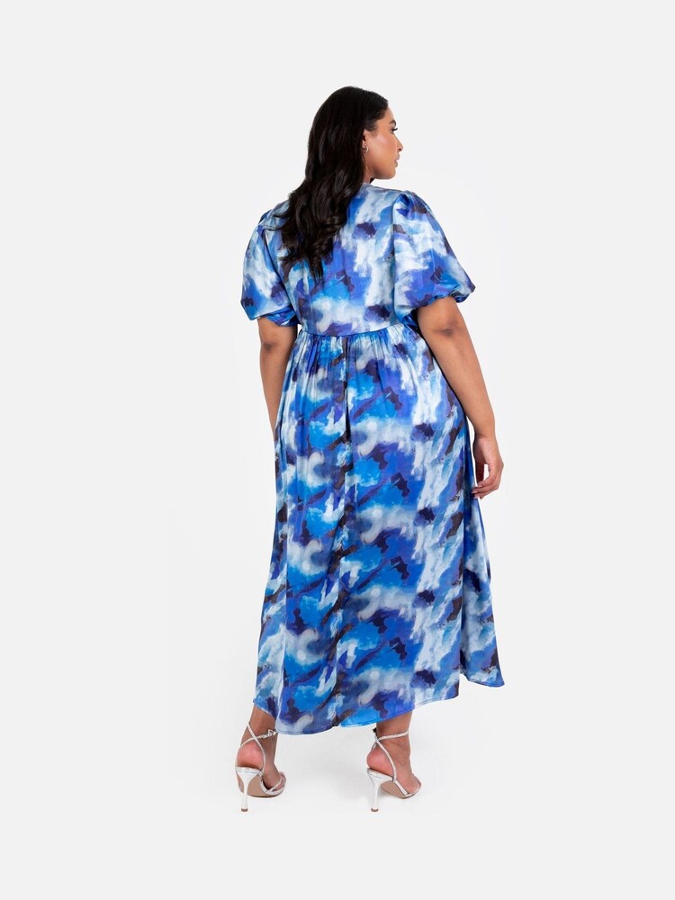 Lovedrobe Blue Satin Faunctional Wrap Puff Sleeve Midaxi Dress - Image 2 of 6