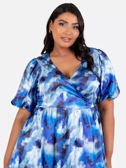 Lovedrobe Blue Satin Faunctional Wrap Puff Sleeve Midaxi Dress - Image 3 of 6